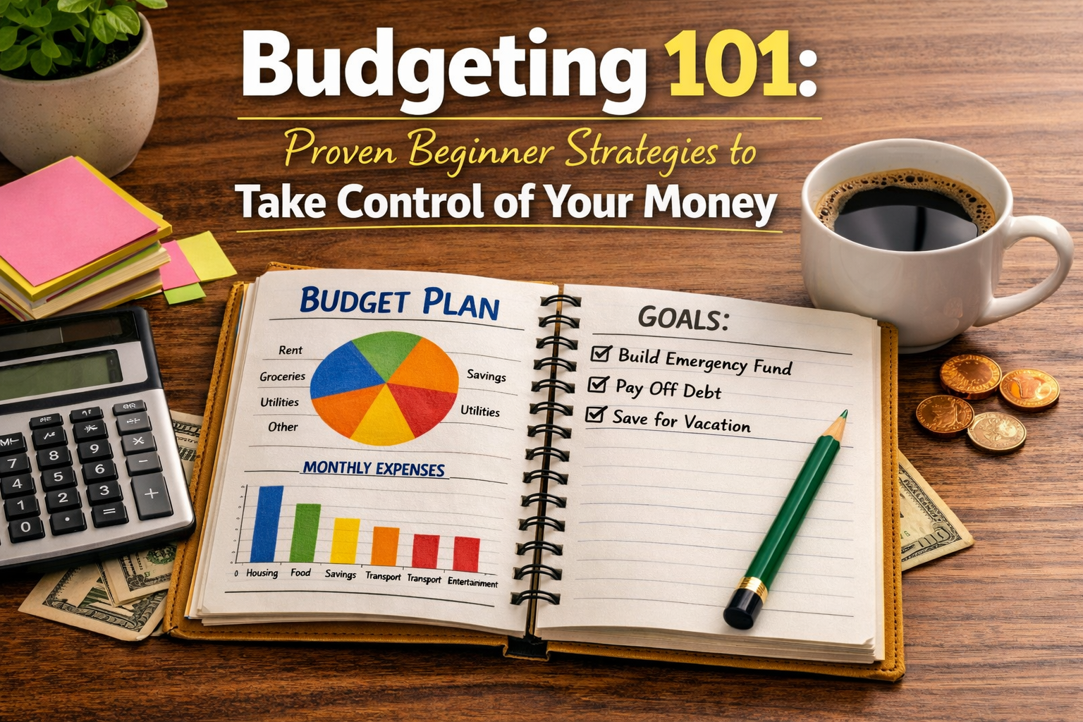 Notebook with budget plan and calculator for beginner budgeting strategies