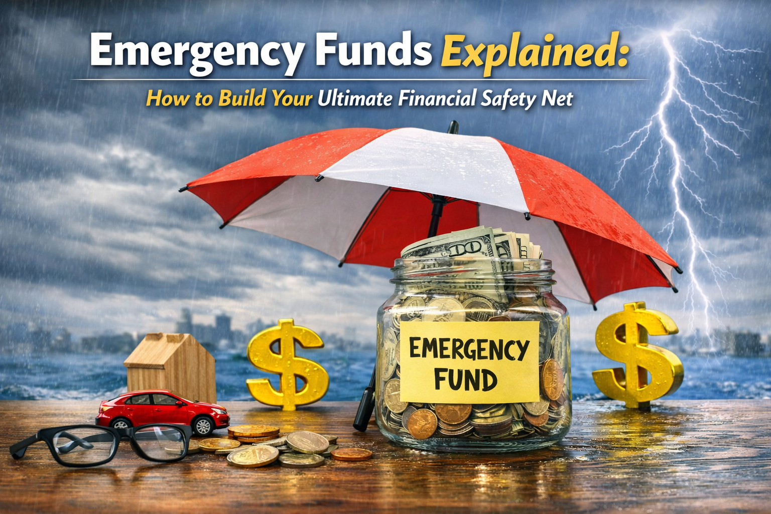 Umbrella covering coins symbolizing financial safety net.