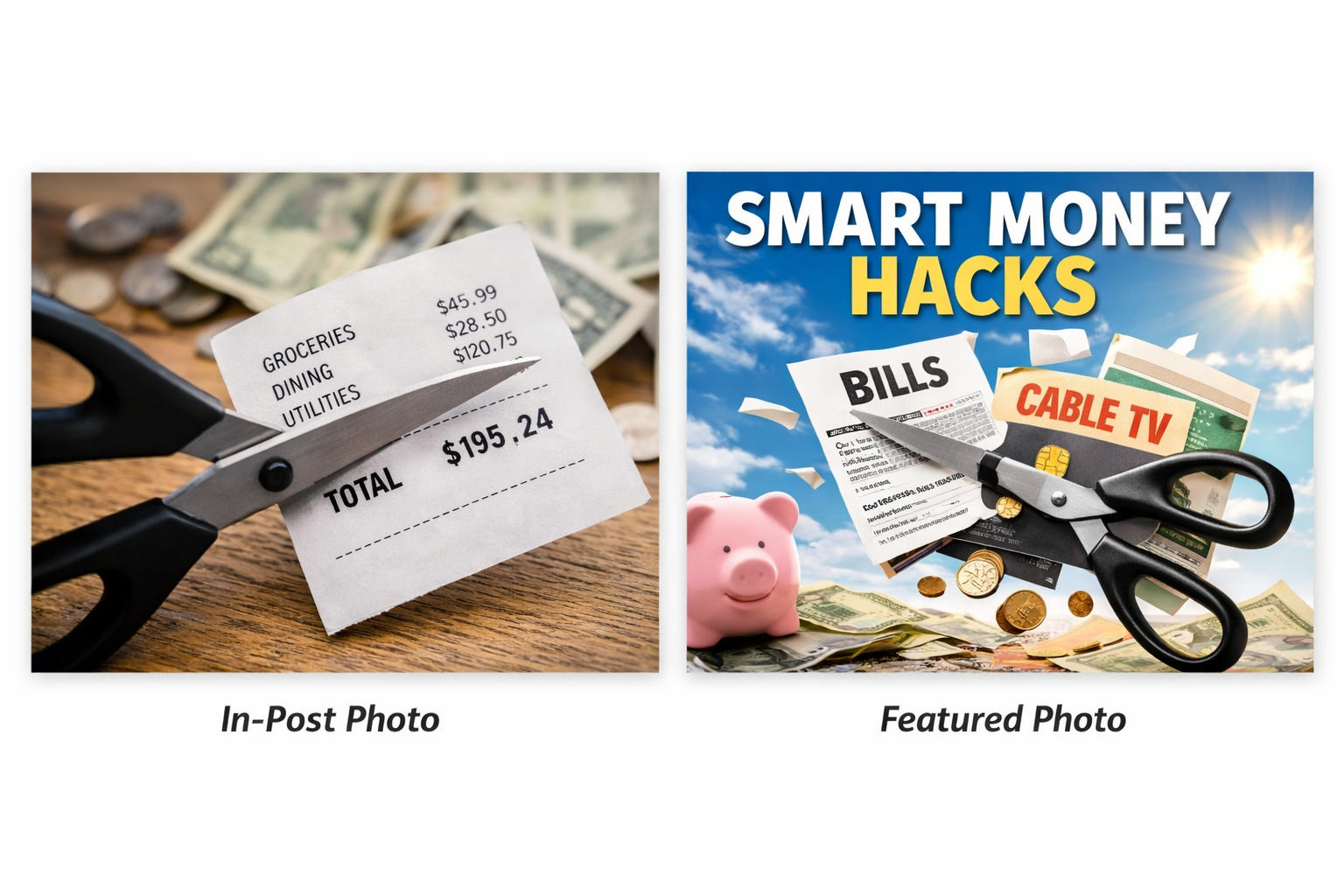 Wallet with scissors cutting bills to symbolize expense reduction.