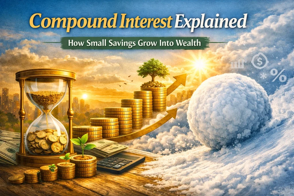 Snowball rolling down hill symbolizing compound interest growth.