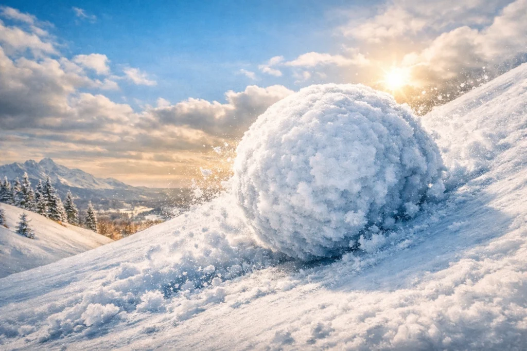 Snowball rolling down hill symbolizing compound interest growth.