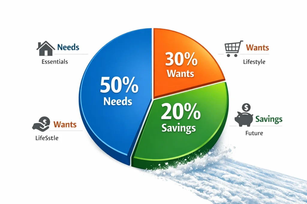 Pie chart showing 50/30/20 budgeting rule.