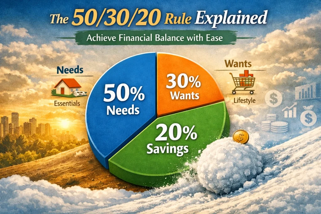 Pie chart showing 50/30/20 budgeting rule.