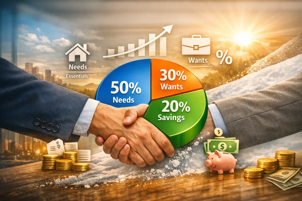 Two professionals shaking hands with money symbols.