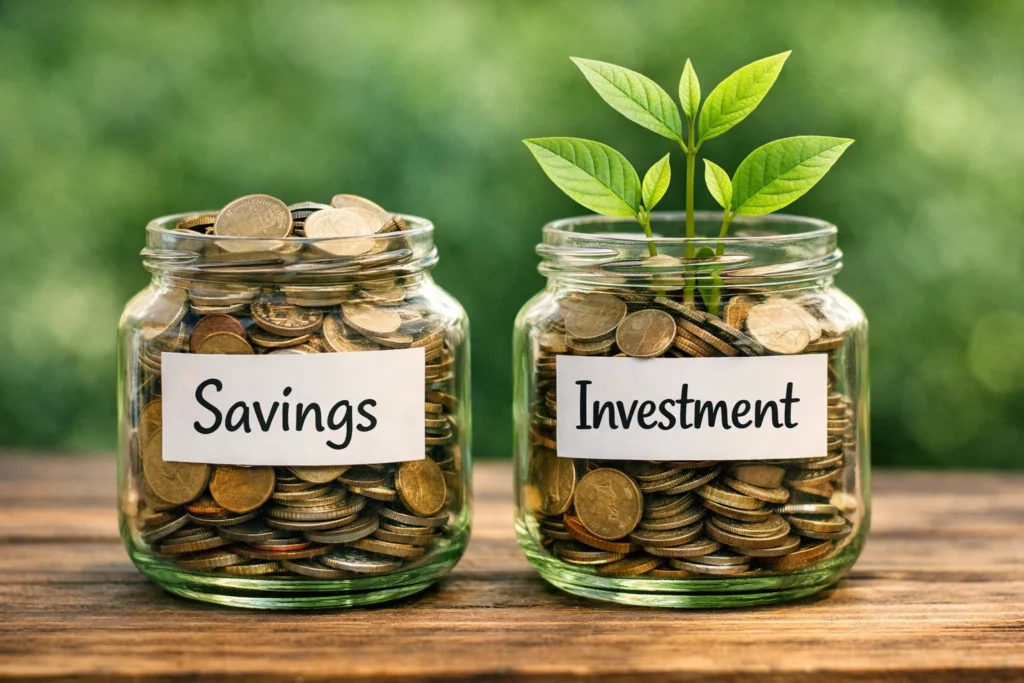 Two jars side by side, one labeled Savings filled with coins, the other labeled Investment with coins and sprouting green plants.