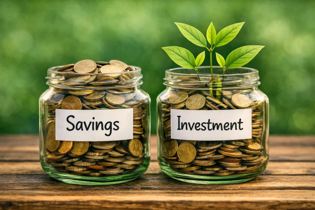 Two jars side by side, one labeled Savings filled with coins, the other labeled Investment with coins and sprouting green plants.