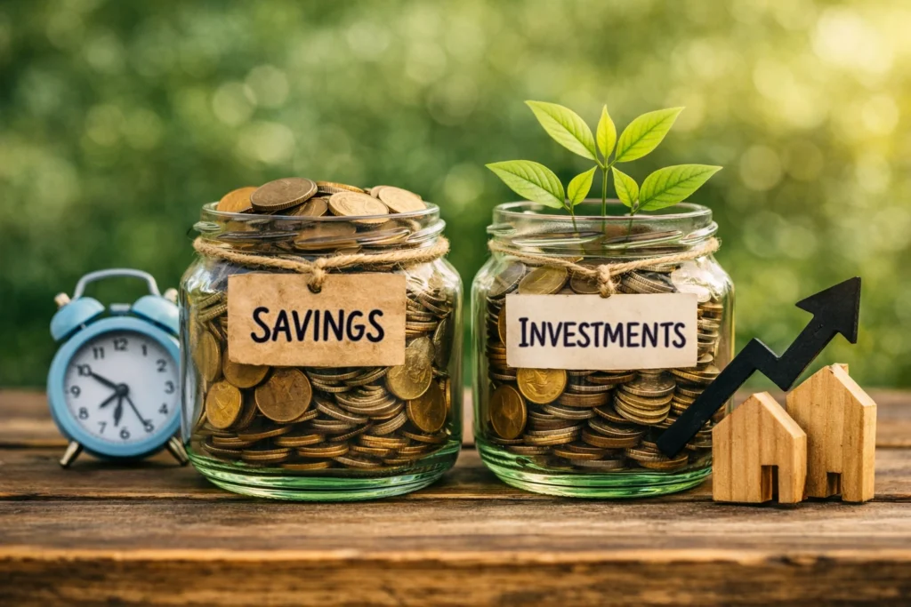 Two jars labeled Savings and Investments placed on a wooden surface; the Savings jar is filled with coins beside a small alarm clock, while the Investments jar has coins with sprouting