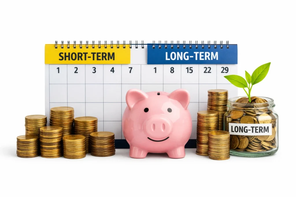 A desk calendar divided into short‑term and long‑term sections with stacks of coins, a piggy bank, and a jar with a plant growing from coins, symbolizing financial planning.