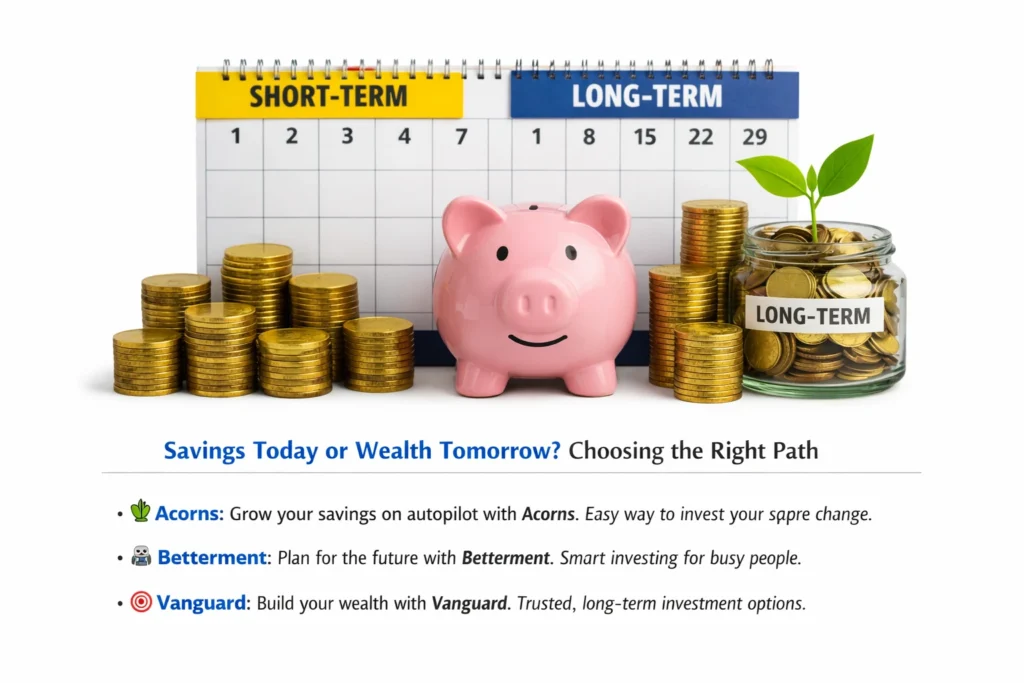A pink piggy bank centered between short‑term and long‑term calendar sections, surrounded by stacks of coins and a jar labeled “Long‑Term” with a sprouting green plant, symbolizing investment growth.