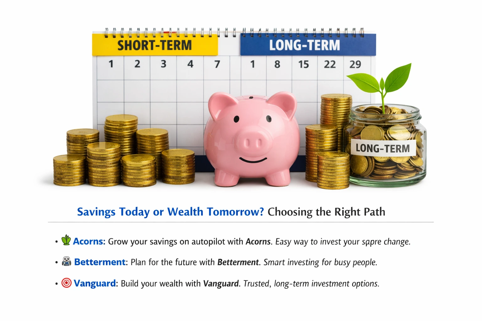 A pink piggy bank centered between short‑term and long‑term calendar sections, surrounded by stacks of coins and a jar labeled “Long‑Term” with a sprouting green plant, symbolizing investment growth.