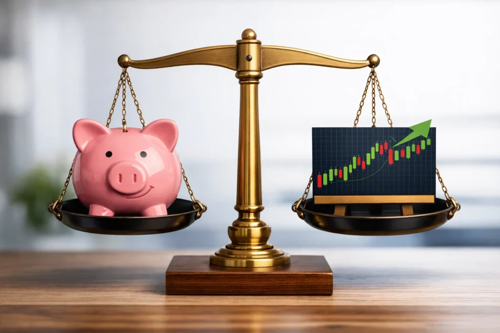 A brass balance scale with a pink piggy bank on one side and a stock chart with green and red candlesticks on the other, representing the balance between savings and investments.