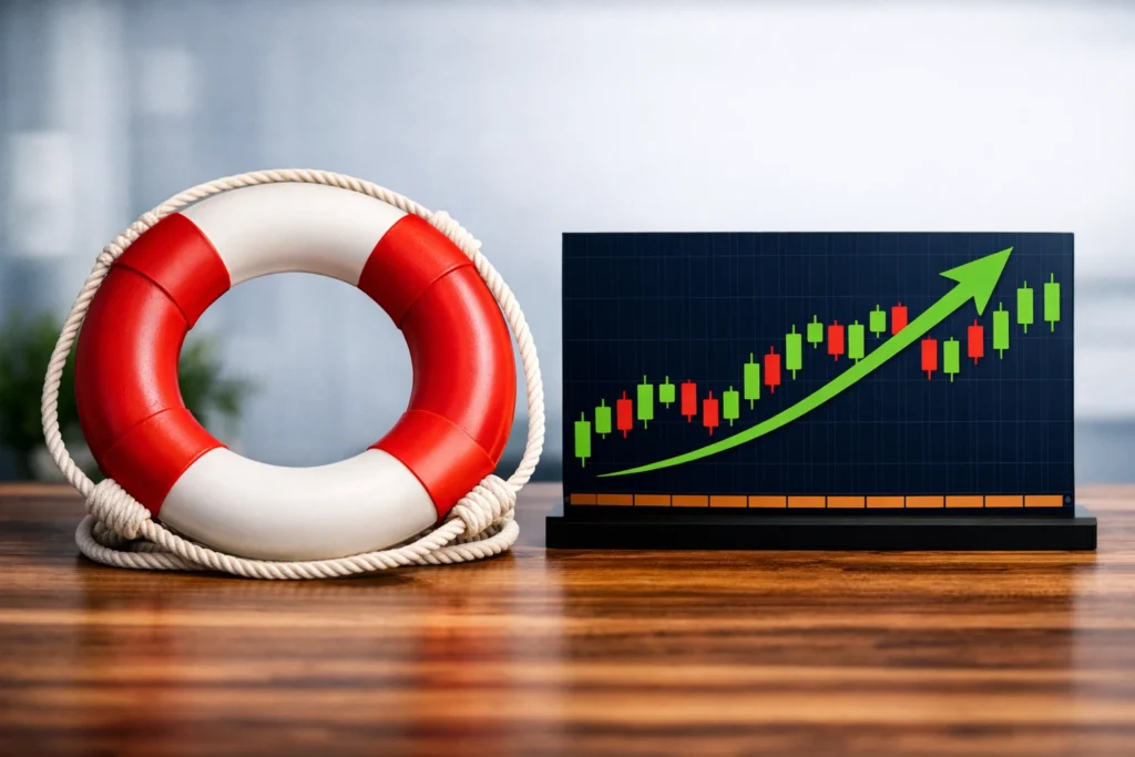 A red and white lifebuoy placed next to a digital stock chart with green and red candlesticks, symbolizing financial safety and market growth.