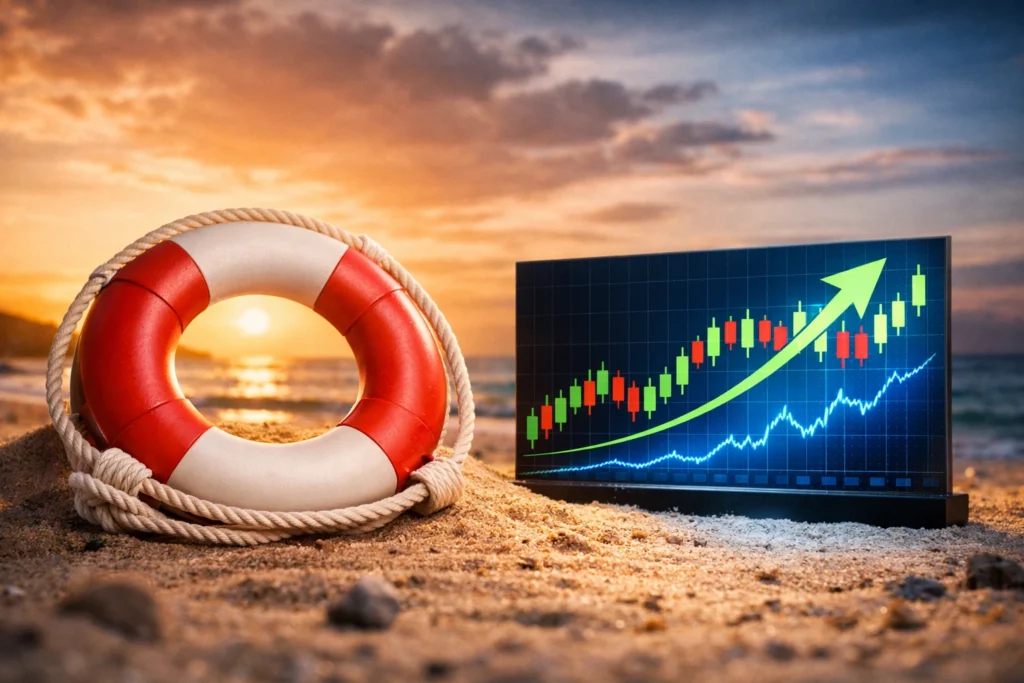 A red and white lifebuoy resting on a sandy beach beside a glowing digital stock chart under a sunset sky, symbolizing the balance between financial safety and investment growth.