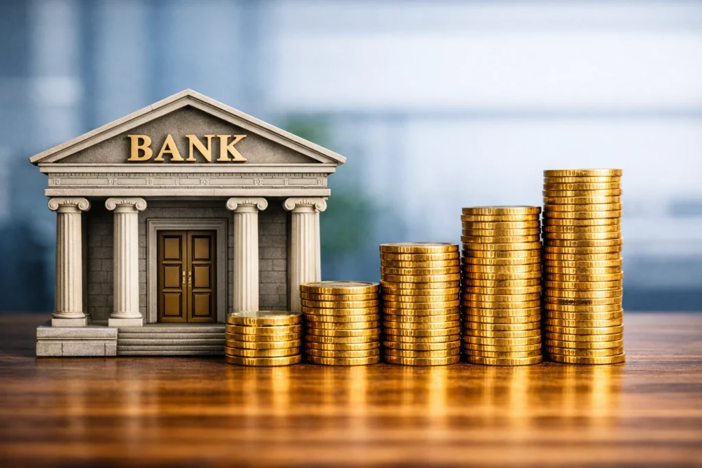A classical bank building with tall columns beside neatly stacked gold coins, symbolizing financial security and savings growth.