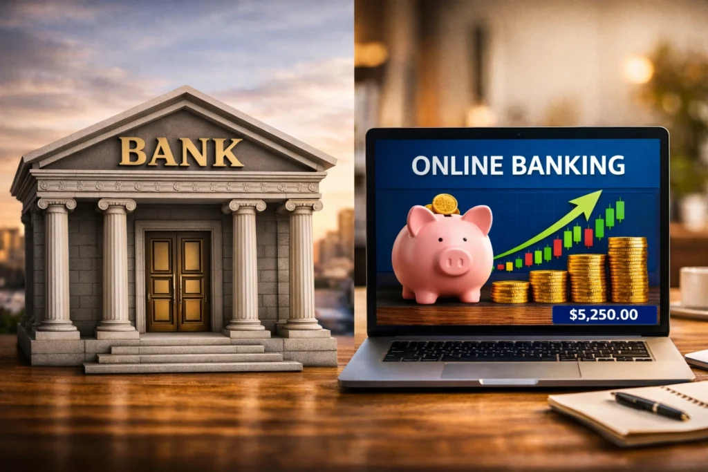 A modern bank building beside a laptop displaying online banking with a piggy bank and growing stacks of coins, symbolizing the evolution of savings from traditional to digital.