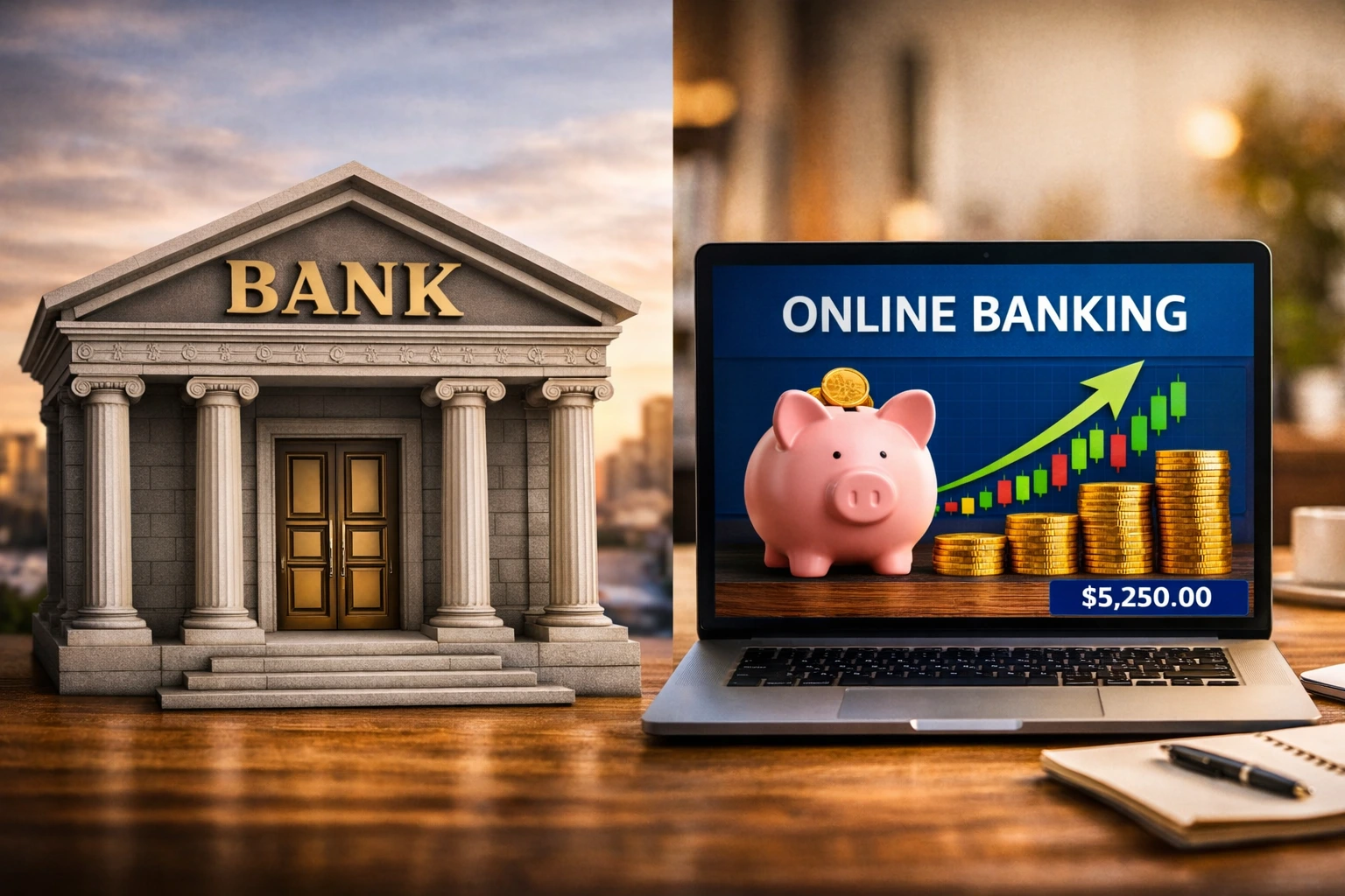 A modern bank building beside a laptop displaying online banking with a piggy bank and growing stacks of coins, symbolizing the evolution of savings from traditional to digital.