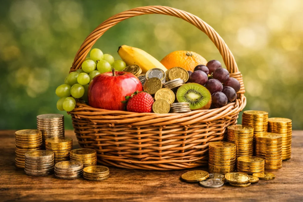 A wicker basket filled with assorted fruits and gold coins, symbolizing investment diversification and balanced financial growth.