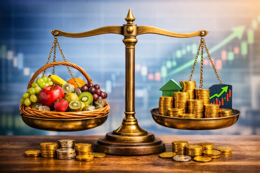 A wicker basket filled with assorted fruits and gold coins, symbolizing investment diversification and balanced financial growth.