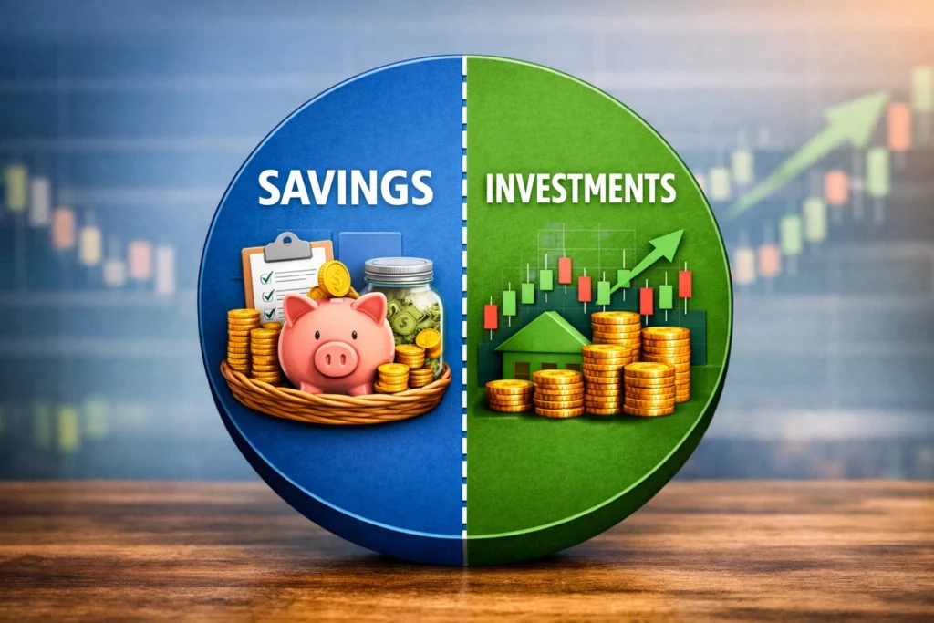 A pie chart divided into two halves, one labeled “Savings” with a piggy bank and coins, and the other labeled “Investments” with a stock chart and house icon, symbolizing financial balance.
