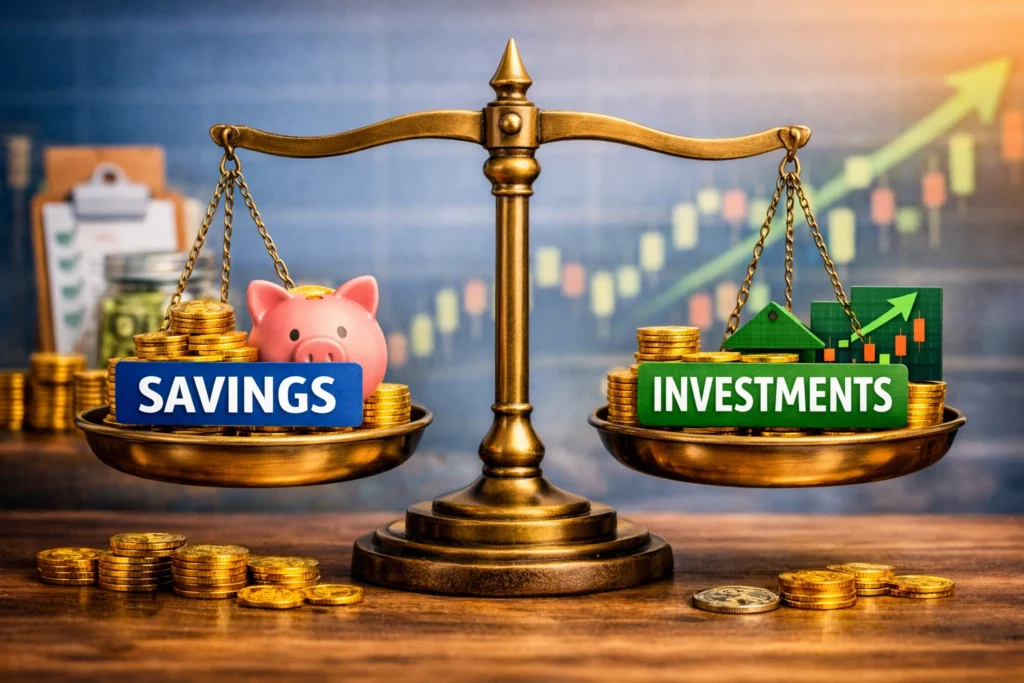 A brass balance scale with “Savings” on one side and “Investments” on the other, surrounded by gold coins, a piggy bank, and a stock chart, symbolizing financial balance and smart money management.
