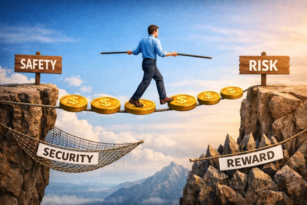 A person walking on a tightrope made of golden coins between two cliffs labeled “Safety” and “Risk,” symbolizing the balance of risk and reward in investments.