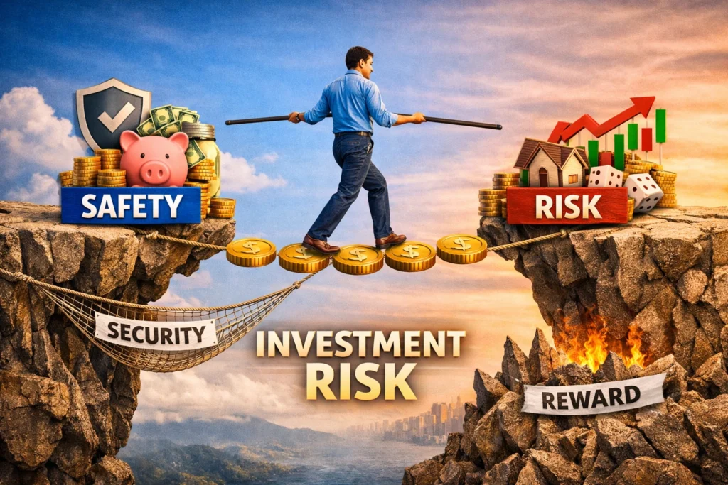 A man walking on a tightrope between cliffs labeled “Safety” and “Risk,” with a piggy bank and shield on one side and a stock chart and dice on the other, symbolizing investment risk and reward balance.