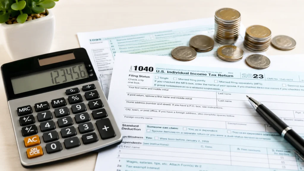 Calculator placed on tax forms with scattered coins, symbolizing tax planning basics and strategies to save more from tax through smart financial management.
