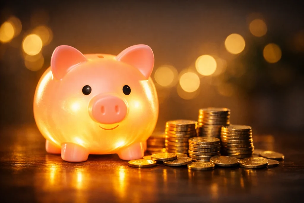 Glowing piggy bank surrounded by stacked and scattered coins on a reflective surface, symbolizing savings growth.