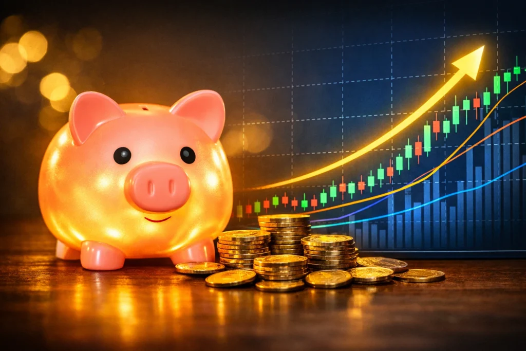 Glowing piggy bank next to a rising stock chart, symbolizing smart savings and financial growth.