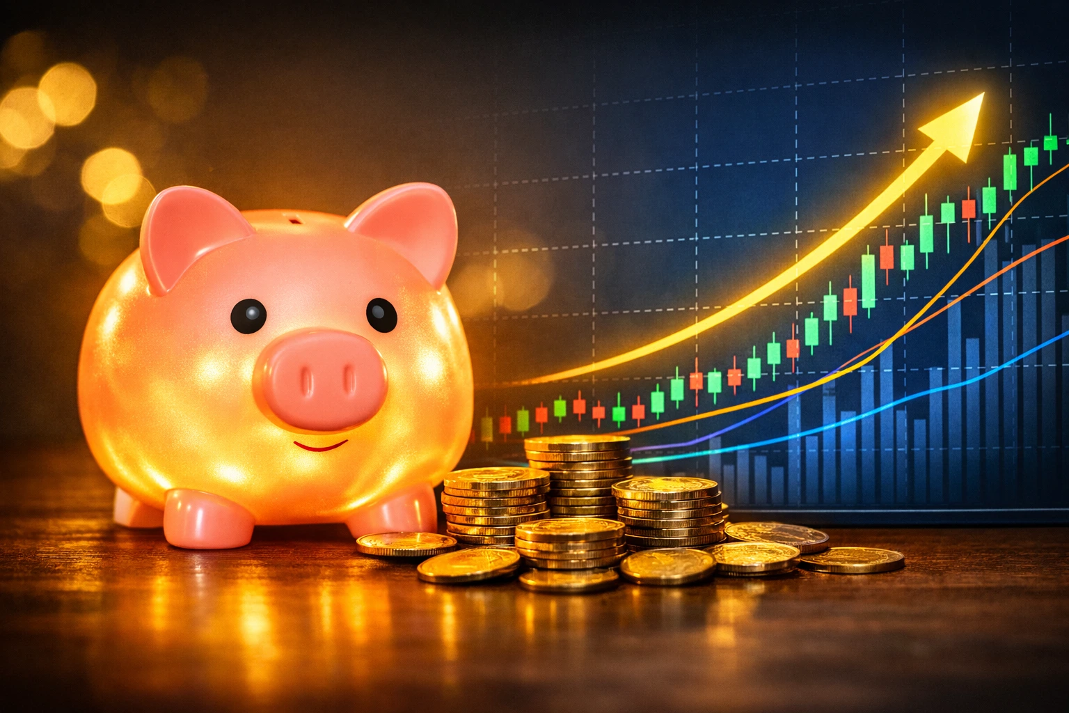 Glowing piggy bank next to a rising stock chart, symbolizing smart savings and financial growth.