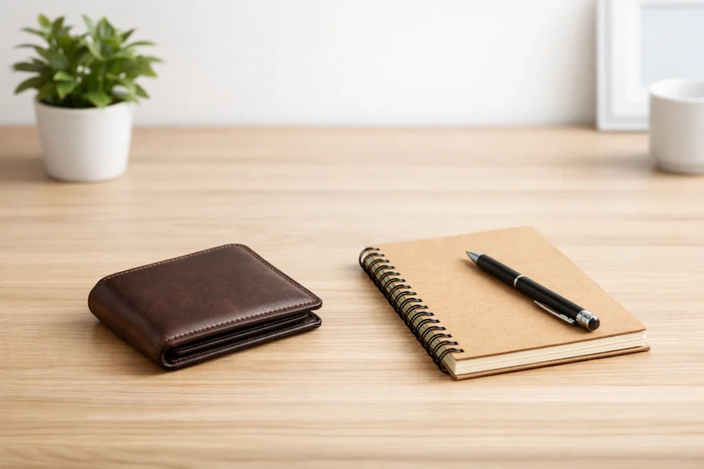 Minimalist desk featuring a brown leather wallet and notebook, symbolizing simplicity and intentional financial living.