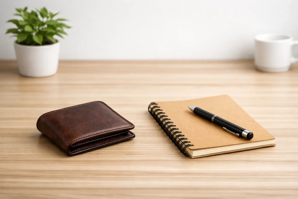 Minimalist desk featuring a brown leather wallet and notebook, symbolizing simplicity and intentional financial living.