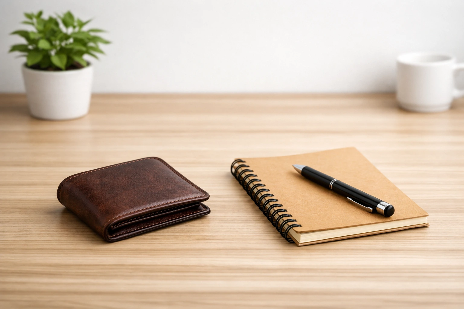 Minimalist desk featuring a brown leather wallet and notebook, symbolizing simplicity and intentional financial living.