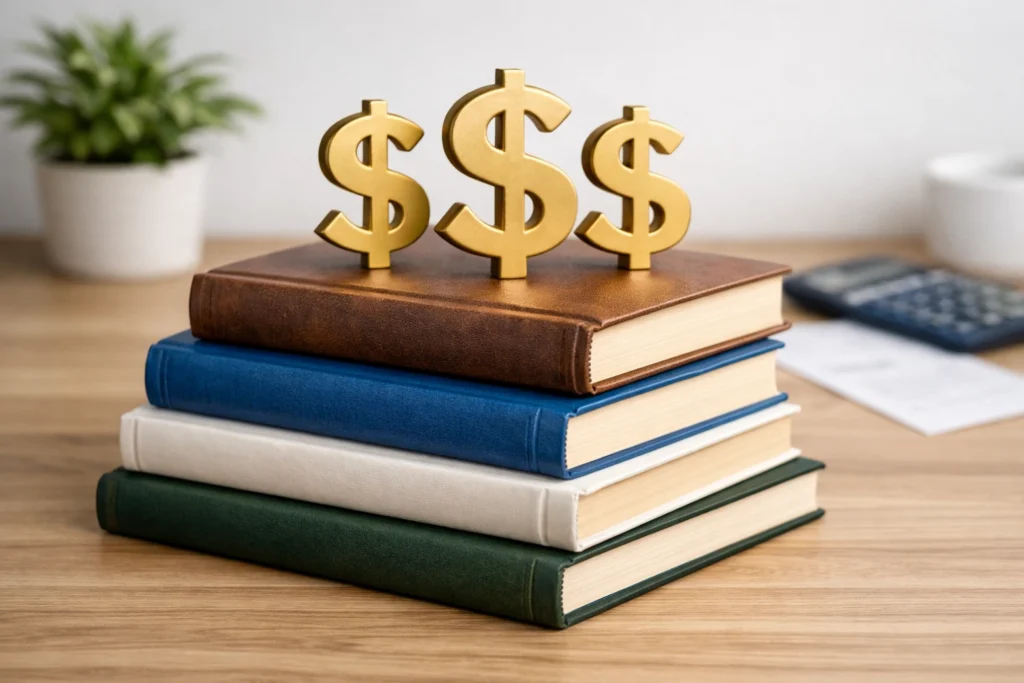 Stack of books topped with golden dollar signs, symbolizing financial literacy skills and mastering money management.