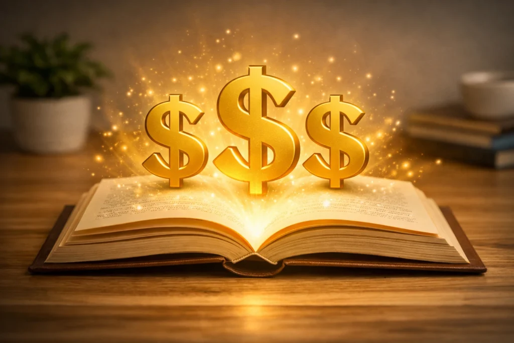 Open book glowing with golden dollar signs, symbolizing financial literacy skills and the power of knowledge to master money better.
