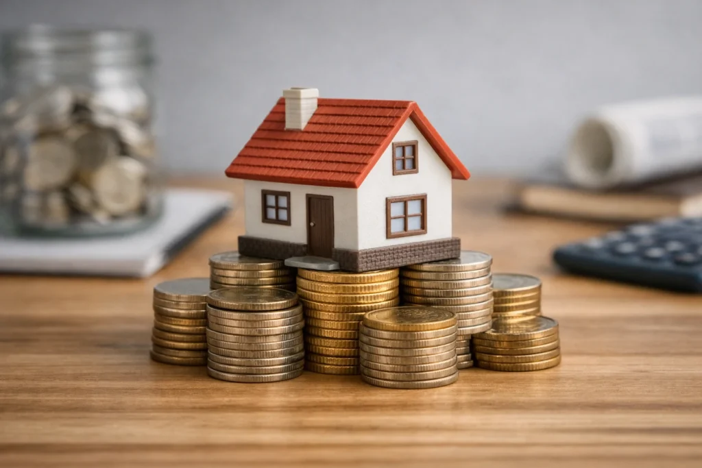 Saving for a House – Smart Steps to Reach Your Dream Home Small house model sitting on stacks of coins, symbolizing saving for a house and smart financial steps to reach your dream home.