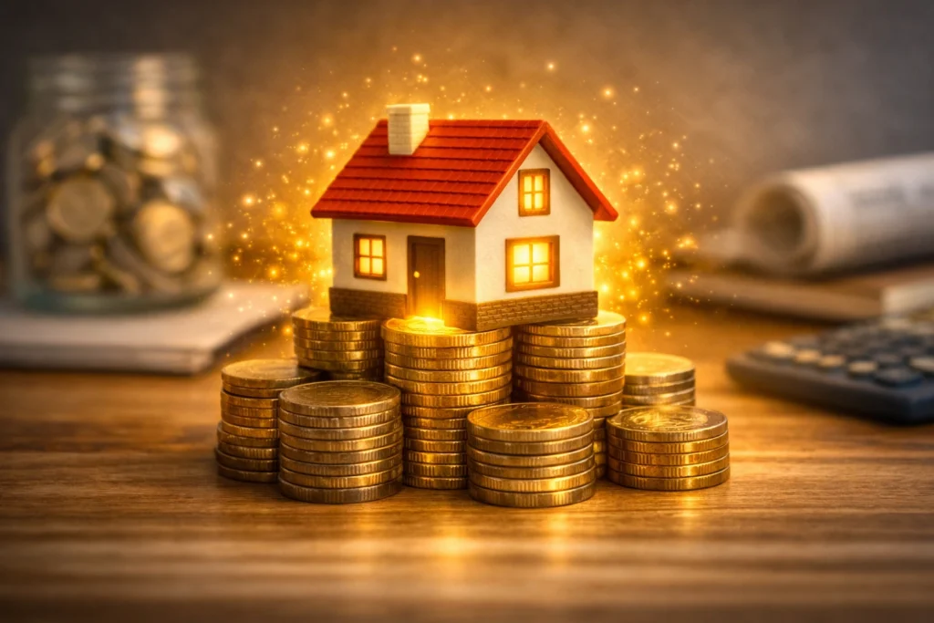 Glowing miniature house sitting atop stacks of coins, symbolizing saving for a house and smart financial planning to reach your dream home.