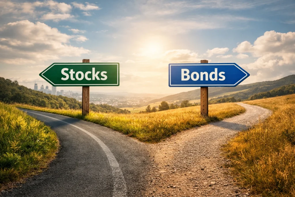 Two diverging paths labeled Stocks and Bonds, symbolizing investment choices and the decision between risk and stability for faster wealth growth.