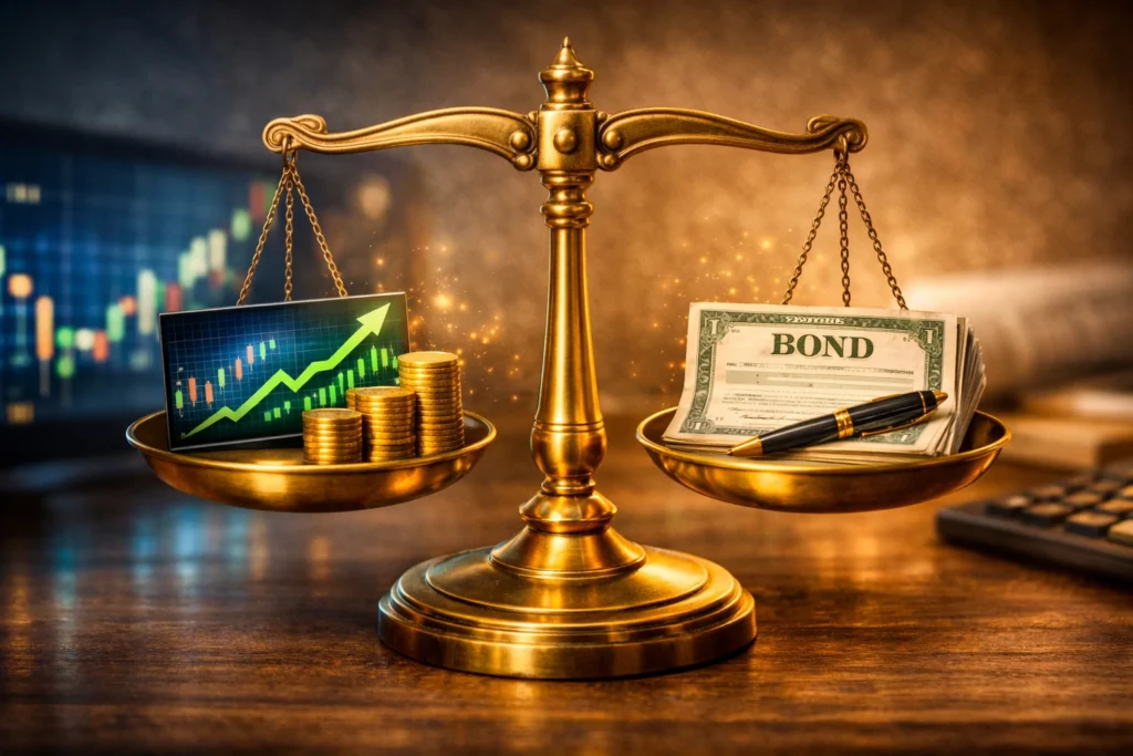 Golden scale balancing stock market charts on one side and bond certificates on the other, symbolizing the choice between stocks and bonds for faster wealth growth.