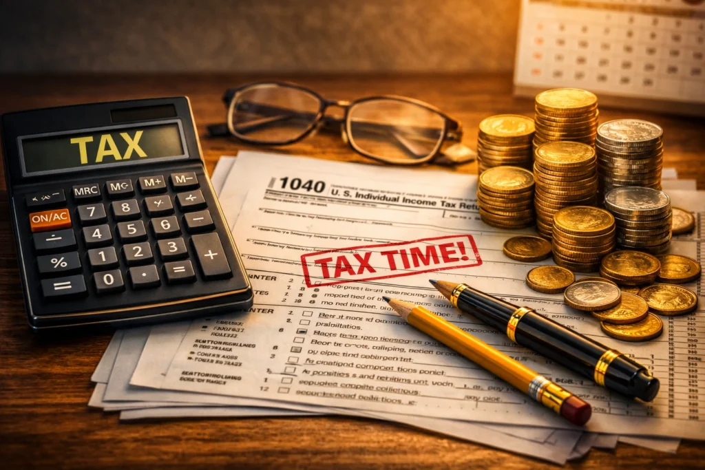 Calculator, U.S. tax forms, and stacks of coins arranged on a wooden desk, symbolizing tax planning basics and strategies to save more from tax.