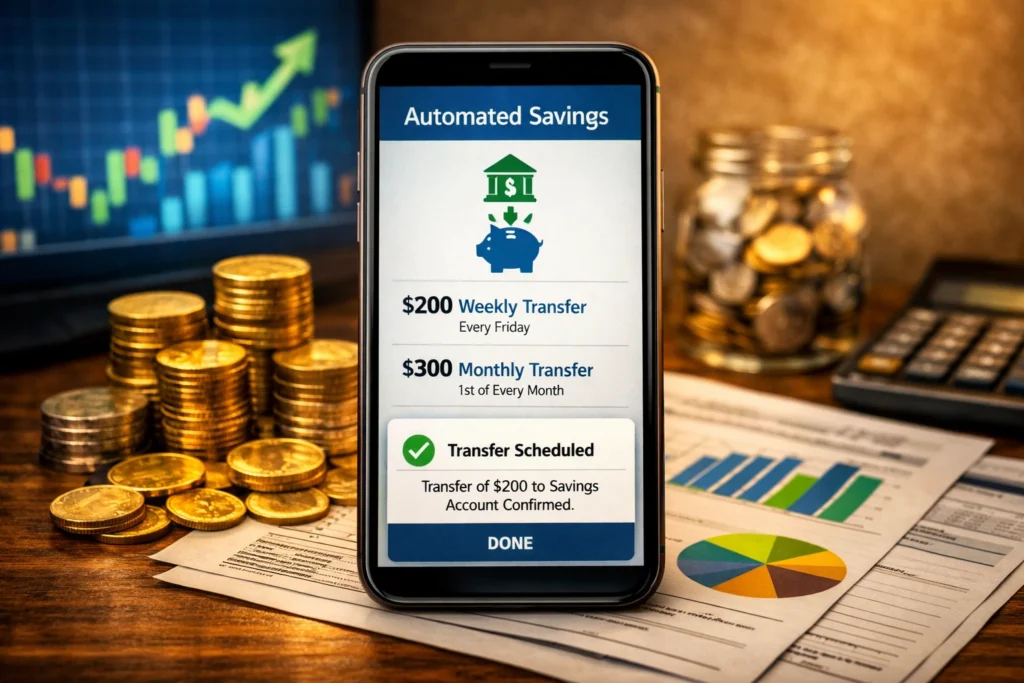 Smartphone displaying automated savings and investments transfers with coins and charts, symbolizing how to automate savings and investments better for consistent wealth growth.