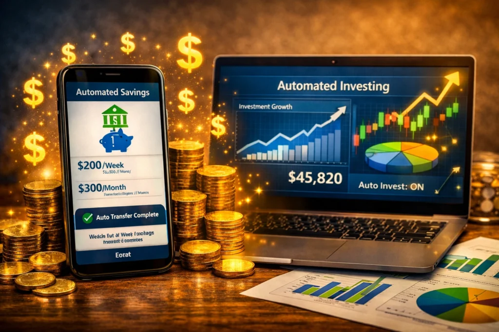 Smartphone and laptop displaying automated savings and investment charts surrounded by glowing dollar symbols and coins, symbolizing financial automation and smart investing for consistent wealth growth.