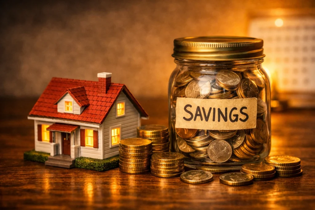 Model house beside a savings jar filled with coins under warm light, symbolizing the choice between real estate vs savings accounts investments for building wealth.