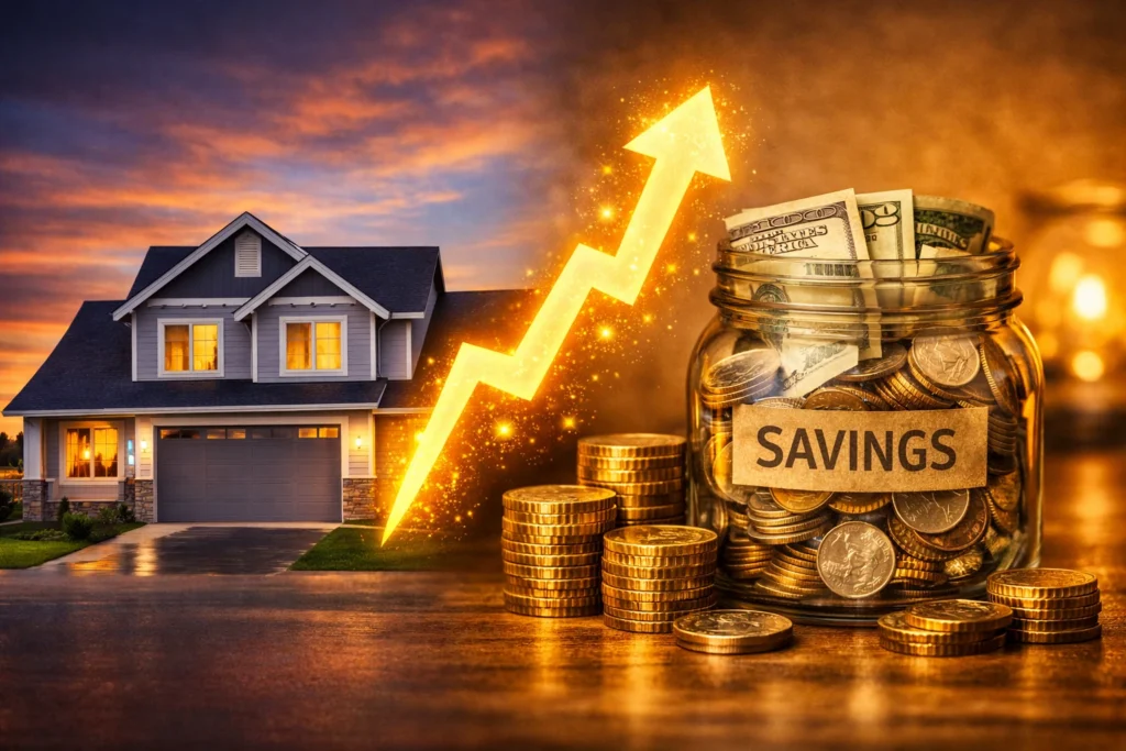 Modern suburban house beside a transparent savings jar filled with coins and dollar bills, separated by a glowing upward arrow symbolizing wealth growth through real estate vs savings accounts.