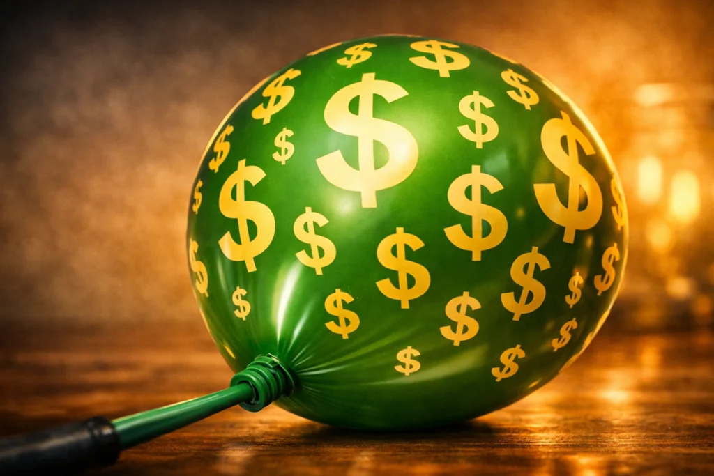 Lifestyle Inflation – How to Avoid Spending More as You Earn More Green balloon inflating with golden dollar signs, symbolizing lifestyle inflation and the tendency to spend more as income rises.