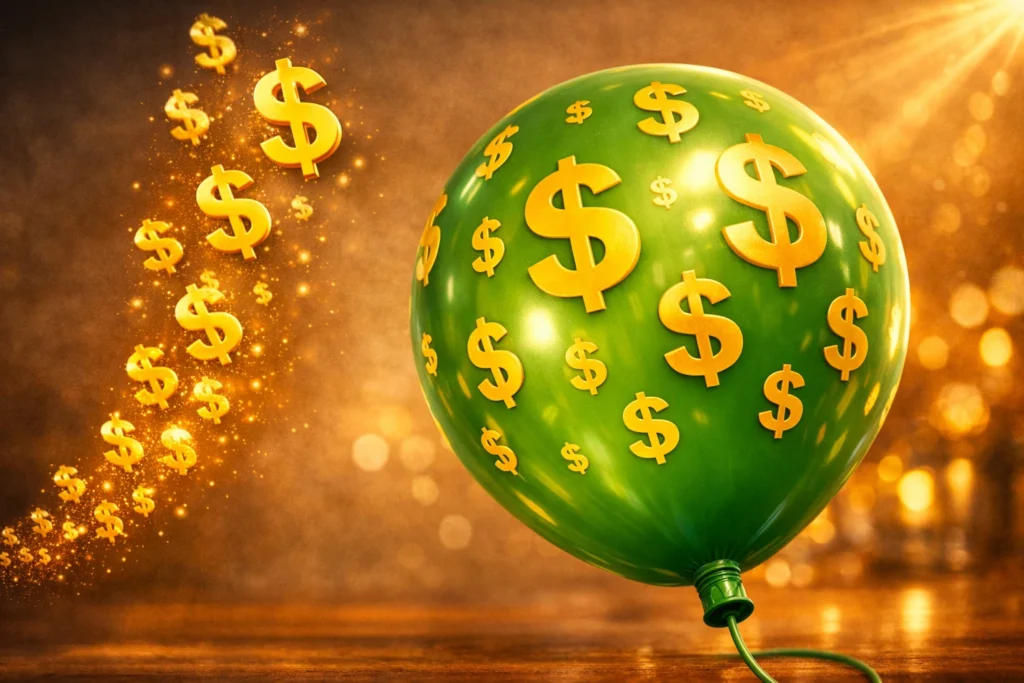 Green balloon inflating with golden dollar signs floating upward, symbolizing lifestyle inflation and the tendency to spend more as income increases.