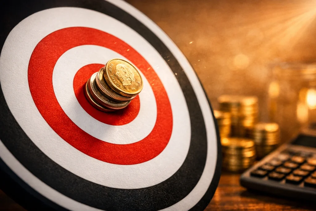 Setting Financial Goals – Hitting the Bullseye Red and white target board with coins hitting the bullseye, symbolizing the importance of setting financial goals and achieving precise money management success.