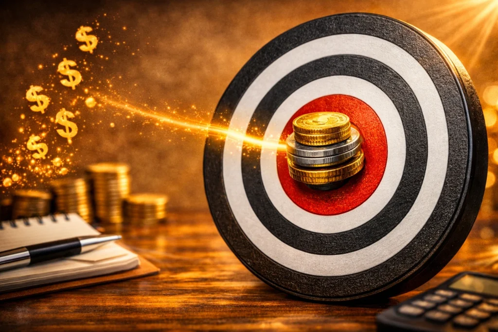 Target board with stacked coins hitting the bullseye, surrounded by glowing dollar signs and warm light, symbolizing precision and success in setting financial goals.