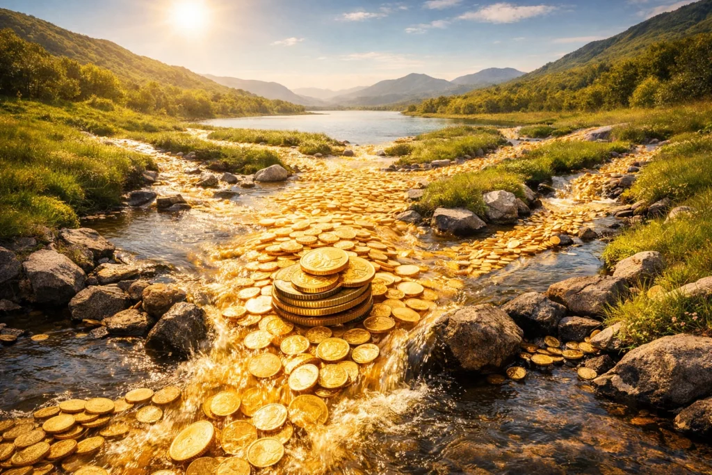 Multiple Income Streams – Proven Ways to Secure Financial Freedom A golden river branching into smaller streams filled with coins, symbolizing multiple income streams and the journey toward financial freedom through diversified earnings.