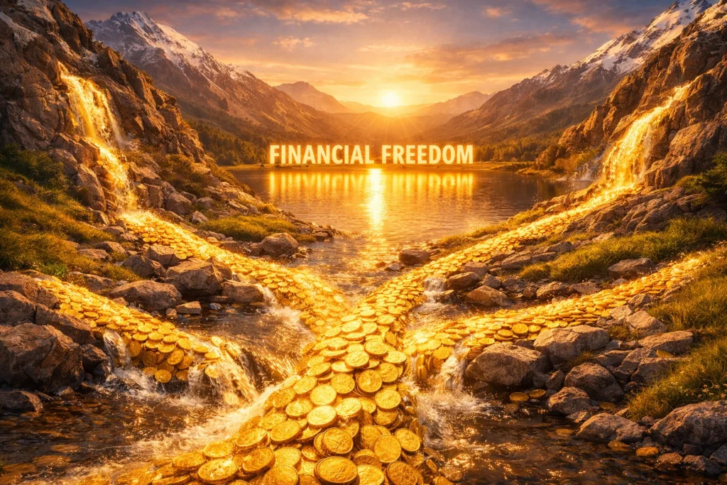 Golden streams of coins flowing down from mountain peaks into a glowing lake labeled “Financial Freedom,” symbolizing multiple income streams converging toward wealth and independence.